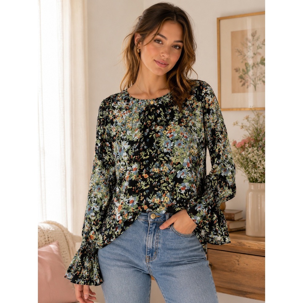 Pleoine Floral Cottagecore Blouse Bell Sleeve Romantic Boho Top Size Large
